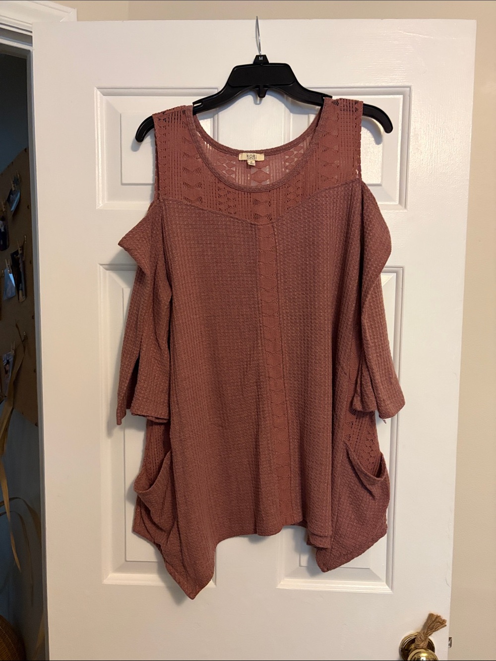 Kori Dusty Rose Off-Shoulder Knit Sweater and lace accent